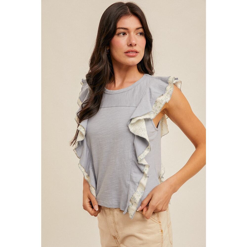 Daisy Print Contrast Flutter Ruffle Top - Picture 3 of 4